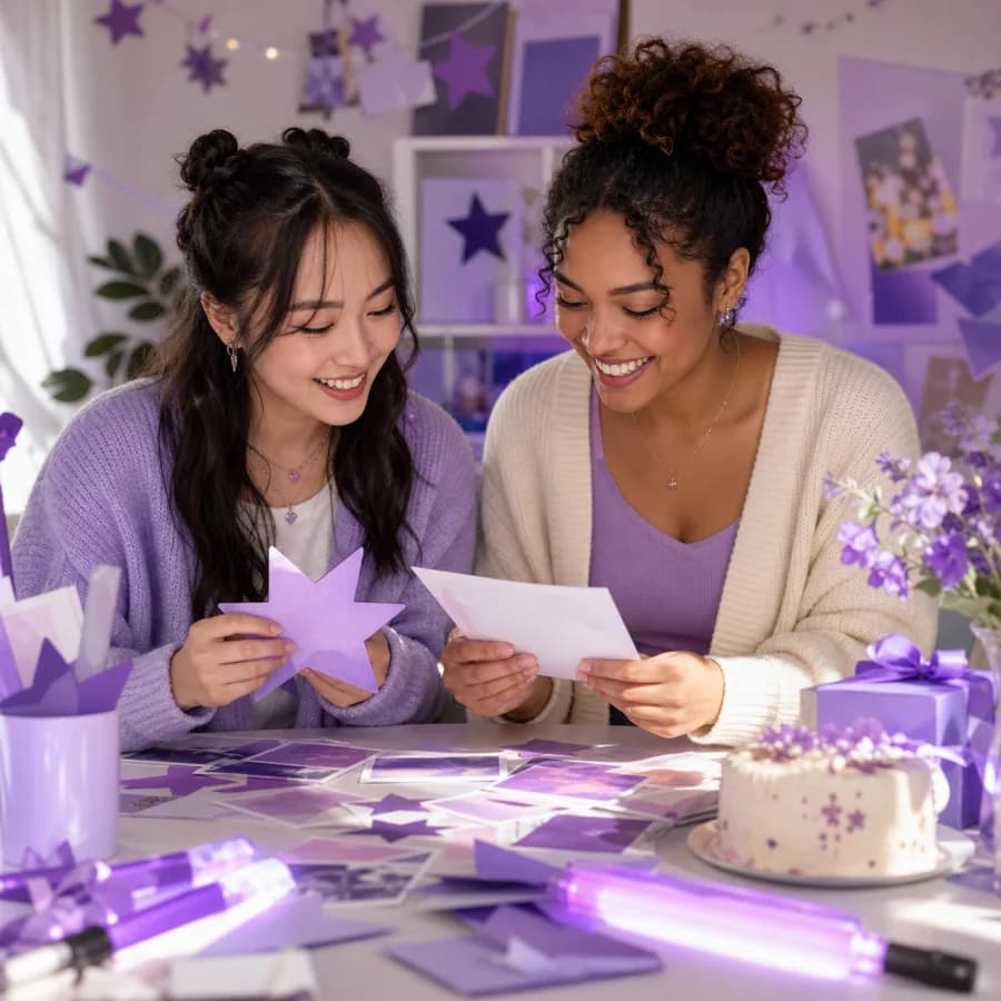 Two fan organizers preparing a purple fan project together