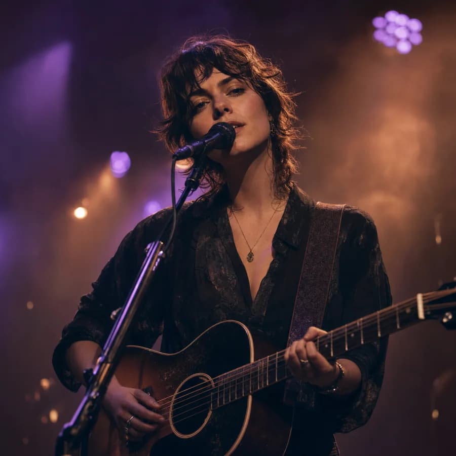 Independent singer-songwriter performing under violet stage lights
