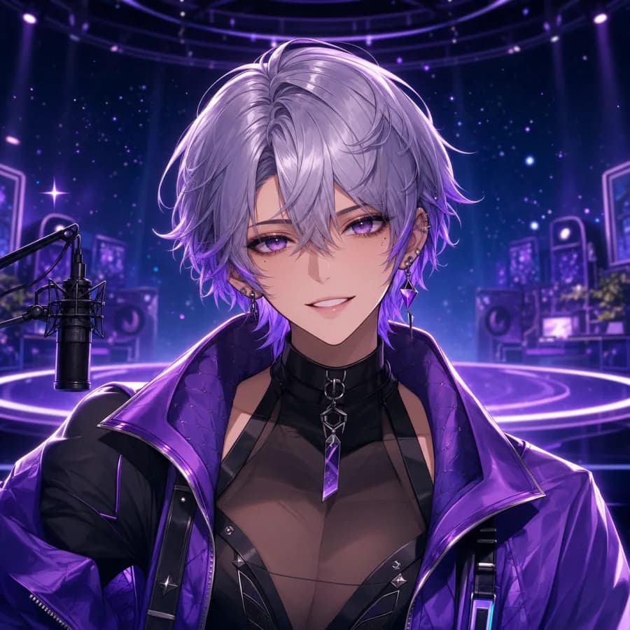 Original silver-haired virtual performer in a violet streaming studio