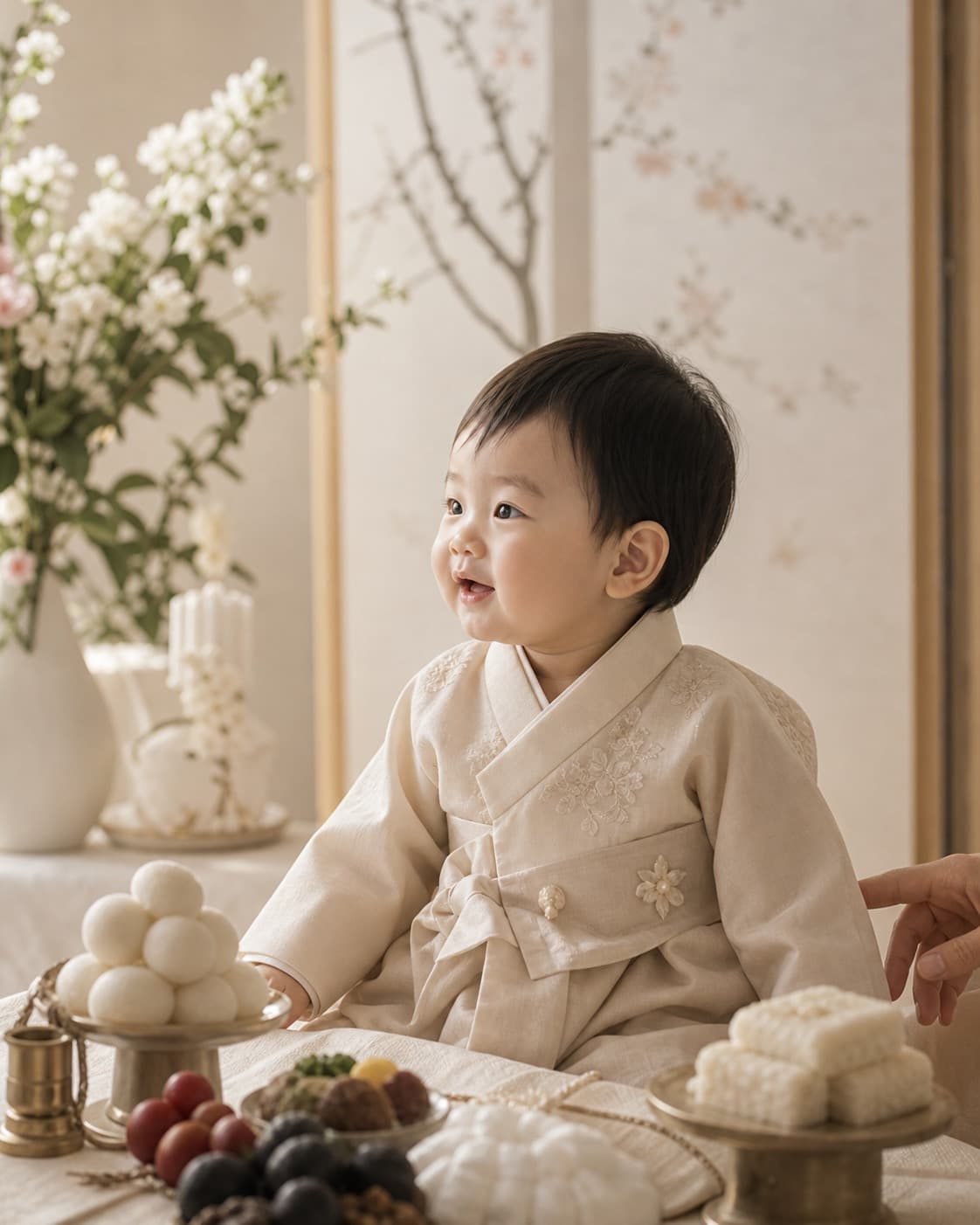 하루의 첫 생일 기록 · 포토테이블에는 같은 사진으로 만든 감사 카드가 놓입니다.